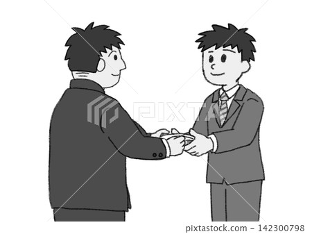 Black and white illustration of a supervisor presenting an appointment letter to a male employee at a job offer ceremony (presentation, hiring, monochrome, JPG) 142300798