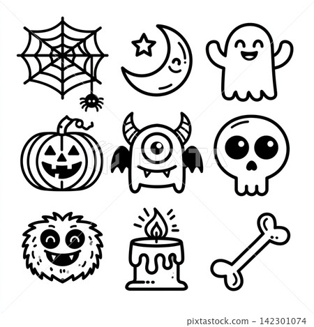 Cute halloween coloring element set with happy isolated lineart outline icons Cute halloween coloring element set with happy isolated lineart outline icons 142301074