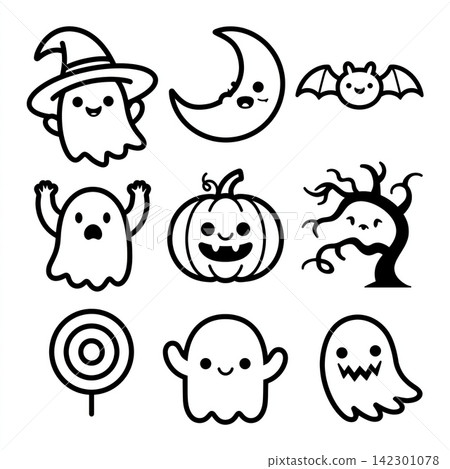 Cute happy halloween icon set outline coloring page isolated on white background Cute happy halloween icon set outline coloring page isolated on white background 142301078