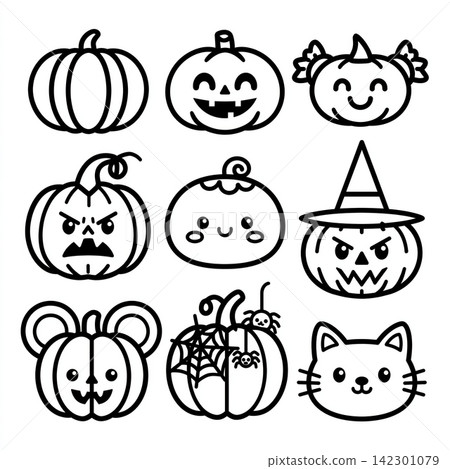 Cute pumpkin coloring page with happy and scary isolated lineart 142301079