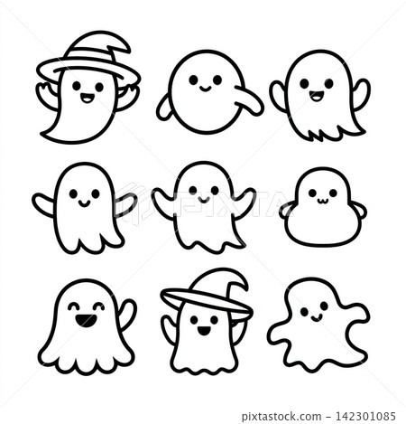 Happy cute ghost coloring set shows isolated lineart outline separated layered elements Happy cute ghost coloring set shows isolated lineart outline separated layered elements 142301085