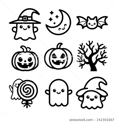 Happy halloween coloring isolated lineart outline separated layered elements 142301087