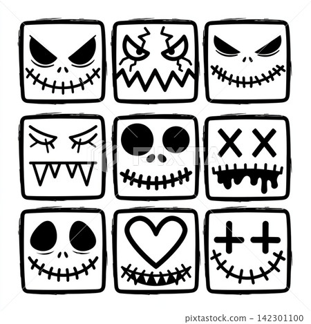 Scary monster face outline set for halloween coloring isolated page Scary monster face outline set for halloween coloring isolated page 142301100