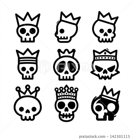 Spooky skull wearing crown isolated lineart outline for coloring layered set Spooky skull wearing crown isolated lineart outline for coloring layered set 142301113