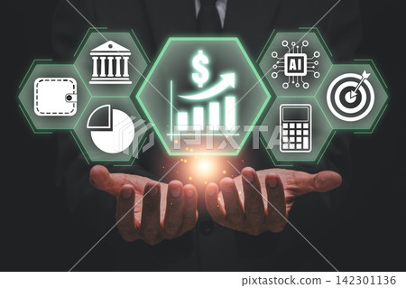 Innovative AI-Driven Financial Planning Concept with Futuristic Technology and Data Visualization Elements Innovative AI-Driven Financial Planning Concept with Futuristic Technology and Data Visualization Elements 142301136