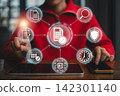 AI-Driven Contract Management Interface with Digital Icons and Business Professional in Modern Office Setting 142301140