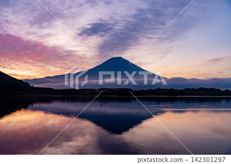 [Shizuoka Prefecture] Lake Tanuki and Mount Fuji bathed in the morning light 142301297