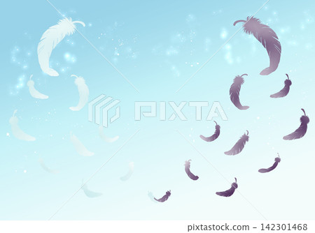 White and black feathers fluttering down, silhouettes against a blue sky on both sides. White and black feathers fluttering down, silhouettes against a blue sky on both sides. 142301468