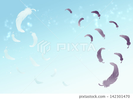 White and black feathers fluttering down, silhouettes against a blue sky on both sides. 142301470
