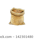 Sack filled with grain. Hand-drawn illustration created with fine black liner and colored pencils. Suitable for farm, harvest, livestock feed, countryside, and vintage rural-themed designs. 142301480
