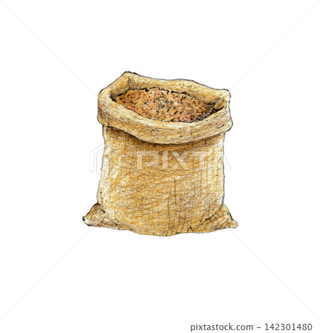 Sack filled with grain. Hand-drawn illustration created with fine black liner and colored pencils. Suitable for farm, harvest, livestock feed, countryside, and vintage rural-themed designs. Sack filled with grain. Hand-drawn illustration created with fine black liner and colored pencils. Suitable for farm, harvest, livestock feed, countryside, and vintage rural-themed designs. 142301480