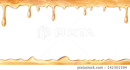 Watercolor golden honey drip border with copy space for text. Dripping sweet caramel liquid isolated illustration. Rectangle nectar frame for bakery banners, dessert menus. Natural food design Watercolor golden honey drip border with copy space for text. Dripping sweet caramel liquid isolated illustration. Rectangle nectar frame for bakery banners, dessert menus. Natural food design 142301594