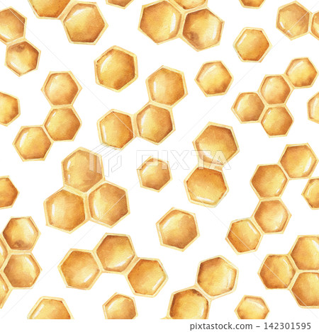 Golden honeycomb hexagon cells watercolor seamless pattern on isolated background. Geometric bee wax texture design for fabric textile printing, sweet food packaging, beekeeping themed wallpaper. Golden honeycomb hexagon cells watercolor seamless pattern on isolated background. Geometric bee wax texture design for fabric textile printing, sweet food packaging, beekeeping themed wallpaper. 142301595
