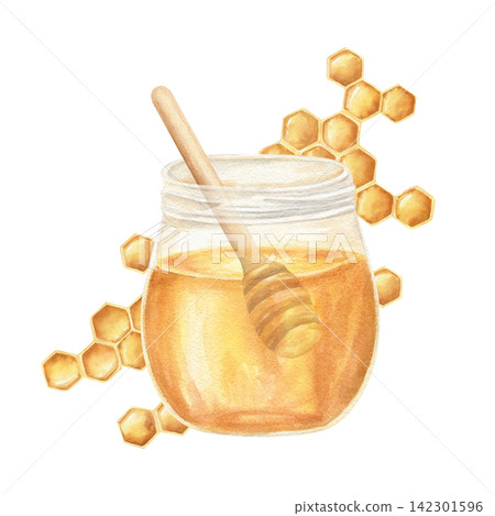 Yellow sweet honey jar with wooden dipper and honeycomb hexagons on isolated background. Sweet organic farm food watercolor illustration for packaging, breakfast menu, beekeeping decor, recipe design. Yellow sweet honey jar with wooden dipper and honeycomb hexagons on isolated background. Sweet organic farm food watercolor illustration for packaging, breakfast menu, beekeeping decor, recipe design. 142301596