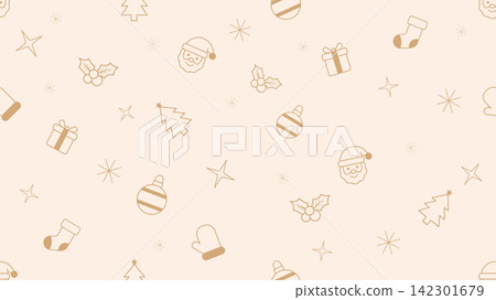 Elegant Christmas seamless pattern featuring line art Santa Claus, trees, gifts and ornaments Elegant Christmas seamless pattern featuring line art Santa Claus, trees, gifts and ornaments 142301679