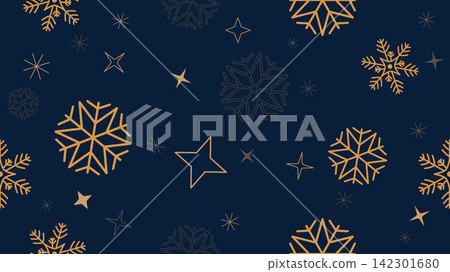 Luxury winter seamless pattern with golden line art snowflakes and sparkling stars  142301680