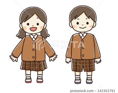 身著冬季制服的小學生男女生插圖 身著冬季制服的小學生男女生插圖 142301791