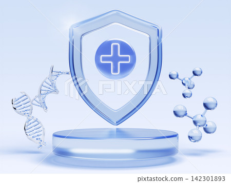 Blue glass 3D shield with cross icon on podium. Pharma lab background with molecules and transparent liquid DNA helix. Health protection, medical defense or cosmetic product display. 3D illustration Blue glass 3D shield with cross icon on podium. Pharma lab background with molecules and transparent liquid DNA helix. Health protection, medical defense or cosmetic product display. 3D illustration 142301893
