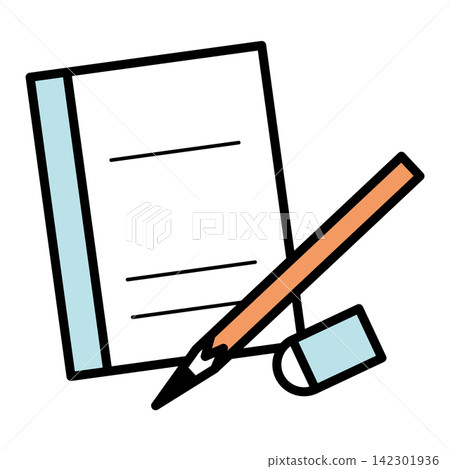 Illustration of a notebook, pencil, and eraser Illustration of a notebook, pencil, and eraser 142301936