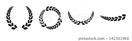 Botanical laurel wreath collection with varied leafy branches, circular frame, curved borders and organic decorative silhouettes isolated on white for elegant awards, emblems, logos and certificates Botanical laurel wreath collection with varied leafy branches, circular frame, curved borders and organic decorative silhouettes isolated on white for elegant awards, emblems, logos and certificates 142301968
