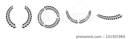 Decorative laurel wreath collection with slender oval leaves, circular frames, curved botanical branches and elegant borders isolated on white for awards, logos, invitations, certificates and emblems Decorative laurel wreath collection with slender oval leaves, circular frames, curved botanical branches and elegant borders isolated on white for awards, logos, invitations, certificates and emblems 142301969