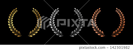 Decorative laurel wreath collection with rounded gold, silver and copper leaves on black background, presenting elegant botanical frames for awards, emblems, certificates, logo and premium celebration Decorative laurel wreath collection with rounded gold, silver and copper leaves on black background, presenting elegant botanical frames for awards, emblems, certificates, logo and premium celebration 142301982