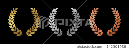 Elegant laurel wreath collection in gold, silver and copper gradients on black background, featuring stylized leafy branches for awards, emblems, certificates, logos and luxury decorative designs sets Elegant laurel wreath collection in gold, silver and copper gradients on black background, featuring stylized leafy branches for awards, emblems, certificates, logos and luxury decorative designs sets 142301986