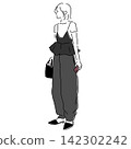 A women's fashion illustration featuring a layered outfit of a mini t-shirt and peplum camisole, paired with balloon pants. 142302242
