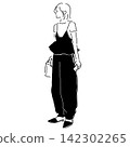 A layered outfit featuring a peplum camisole and balloon pants; a monochrome line drawing illustration of a woman. 142302265