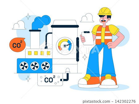 Carbon Capture Technology Vector Illustration Featuring CO2 Emissions, Industrial Filters, Engineers and Sustainable Energy Solutions 142302276