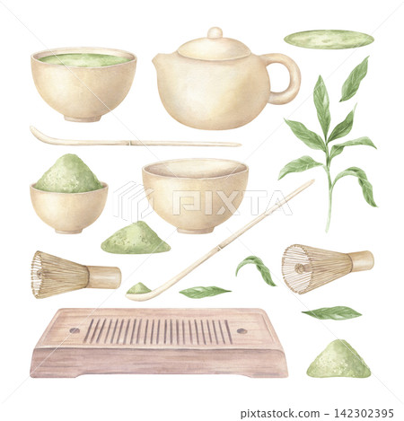 traditional Japanese matcha tea set. Teapot, bowls, bamboo whisk, scoop, tray, green tea powder and leaves watercolor illustration on isolated background. Japanese wellness and mindful ritual concept. traditional Japanese matcha tea set. Teapot, bowls, bamboo whisk, scoop, tray, green tea powder and leaves watercolor illustration on isolated background. Japanese wellness and mindful ritual concept. 142302395