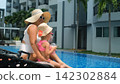 Side view of mother and little daughter both in straw hats and sunglasses drinking fruit cocktails together in pool lounge chairs. Twinning style concept 142302884