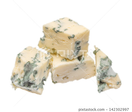 Blocks of blue cheese with green mold, arranged on a white background, showcasing the creamy texture and distinct marbling of the cheese Blocks of blue cheese with green mold, arranged on a white background, showcasing the creamy texture and distinct marbling of the cheese 142302997