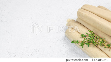 Raw White Sausages with Thyme and Copy Space Raw White Sausages with Thyme and Copy Space 142303030