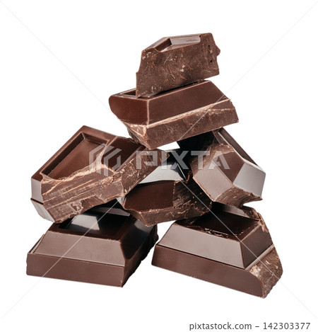 Broken Dark Chocolate Pieces Isolated on White Broken Dark Chocolate Pieces Isolated on White 142303377