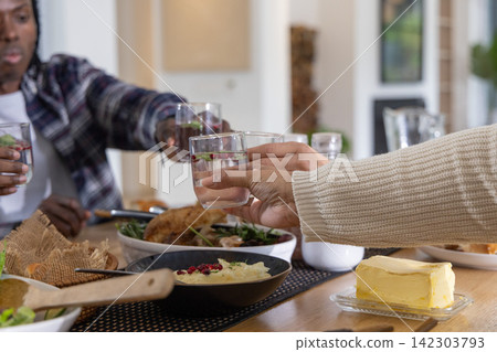 Diverse friends clinking glasses with fruit garnish, sharing roasted chicken at home table 142303793