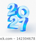 3D of the year 2027, featuring large, glossy, Glass numbers with a dynamic shadow, perfect for New Year's, calendar designs and futuristic themes on a transparent background. Vector illustration. 3D of the year 2027, featuring large, glossy, Glass numbers with a dynamic shadow, perfect for New Year's, calendar designs and futuristic themes on a transparent background. Vector illustration. 142304678