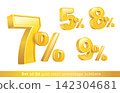 Golden 5%, 7%, 8%, 9% percentage symbols. 3D vector illustration for discount, interest rate, finance, promotion, special offer, sale banner, and commercial marketing concept. Golden 5%, 7%, 8%, 9% percentage symbols. 3D vector illustration for discount, interest rate, finance, promotion, special offer, sale banner, and commercial marketing concept. 142304681