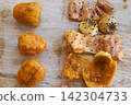 Prickly pear fruit peels wooden board 142304733