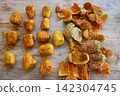 Prickly pear fruit peels wooden board 142304745