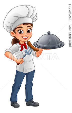 Chef Woman with Cloche Tray and Sausage Fork Chef Woman with Cloche Tray and Sausage Fork 142305481