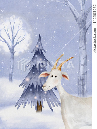Snowy Christmas greeting card with white goat on background winter Scandinavian forest. Watercolor winter background illustration featuring simple light blue sky filled with falling white snowflakes Snowy Christmas greeting card with white goat on background winter Scandinavian forest. Watercolor winter background illustration featuring simple light blue sky filled with falling white snowflakes 142305982