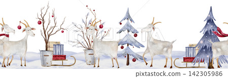 Seamless border with watercolor illustration Christmas Goats in winter scene. Hand painted decorative fir trees with gift boxes and sleighs on snow for cards or banners. Pastel blue and red colors Seamless border with watercolor illustration Christmas Goats in winter scene. Hand painted decorative fir trees with gift boxes and sleighs on snow for cards or banners. Pastel blue and red colors 142305986