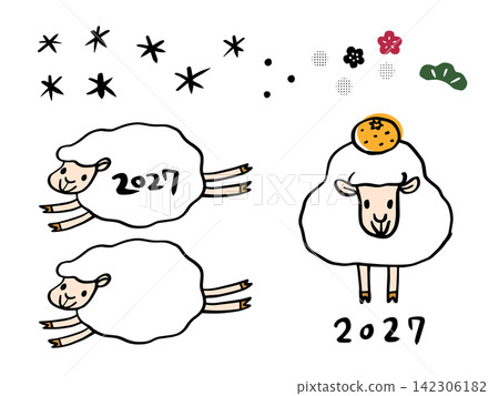 2027羊年新年手繪線稿插畫套裝 - 簡約色彩 2027羊年新年手繪線稿插畫套裝 - 簡約色彩 142306182