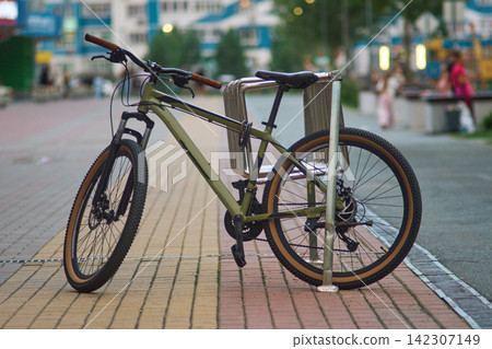 Bike Locked to Steel Rack on Urban Street Pavement 142307149