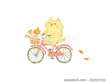 一隻可愛的貓咪騎著腳踏車享受秋日時光-水彩插畫素材 一隻可愛的貓咪騎著腳踏車享受秋日時光-水彩插畫素材 142307236