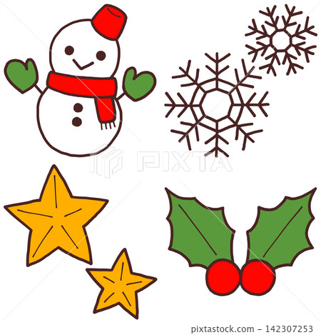 聖誕節:手繪的雪人、雪花、星星和冬青圖案。 聖誕節:手繪的雪人、雪花、星星和冬青圖案。 142307253