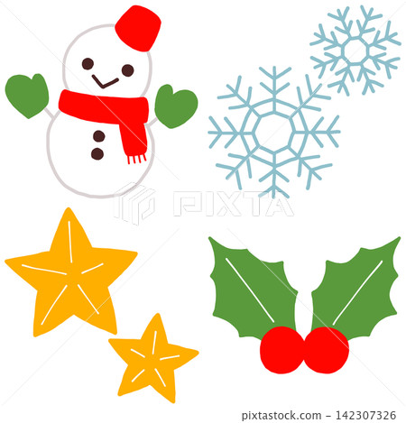 Christmas: Hand-drawn illustrations of snowmen, snowflakes, stars, and holly. Christmas: Hand-drawn illustrations of snowmen, snowflakes, stars, and holly. 142307326