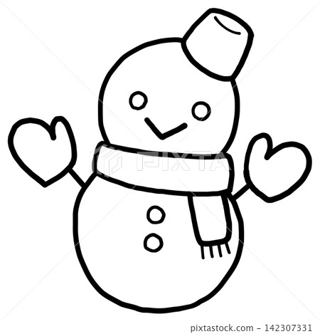A hand-drawn illustration (line art) of a snowman wearing a Christmas scarf. A hand-drawn illustration (line art) of a snowman wearing a Christmas scarf. 142307331