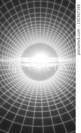 Bright white energy portal at the center of a curved digital grid tunnel, creating a futuristic sense of depth, motion, and dimensional travel. Bright white energy portal at the center of a curved digital grid tunnel, creating a futuristic sense of depth, motion, and dimensional travel. 142307389